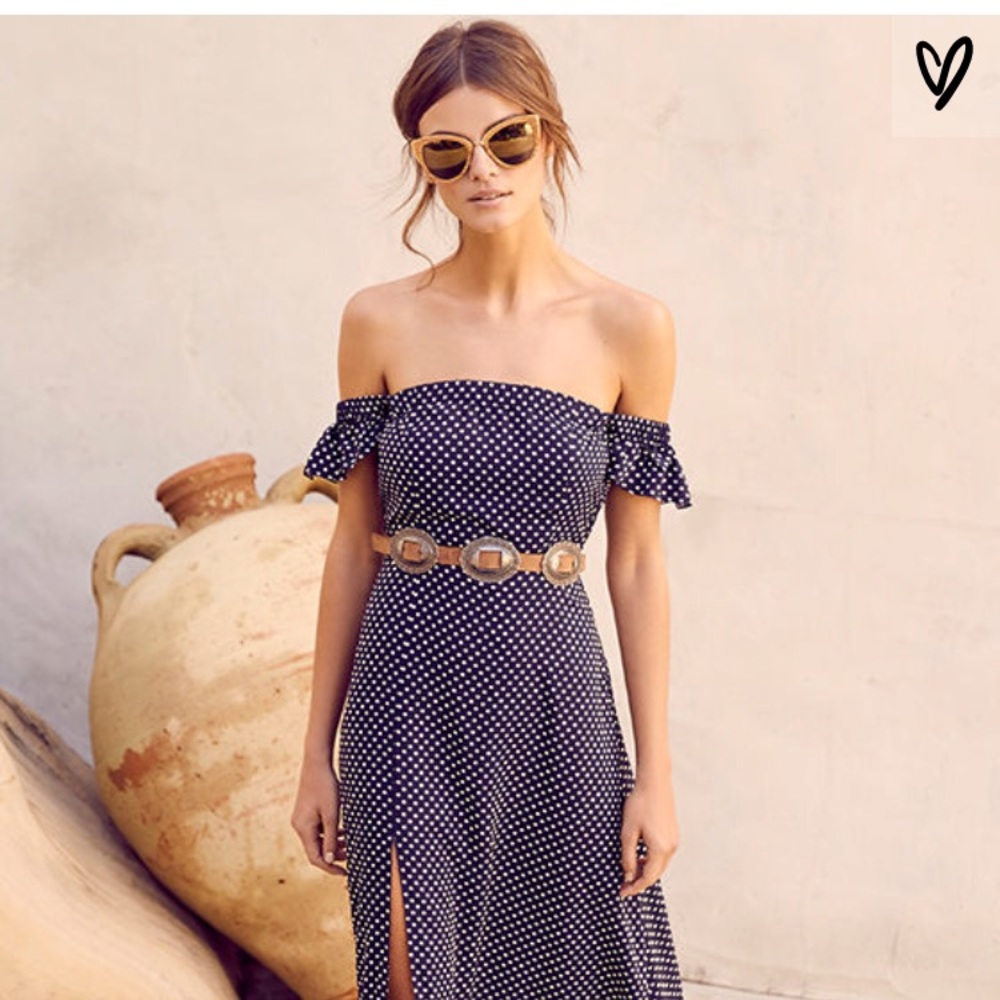 Lulu’s Navy Blue Polka Dot Off-The-Shoulder Dress